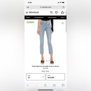 AGOLDE Riley Crop High Rise Straight in Shiver Size 28